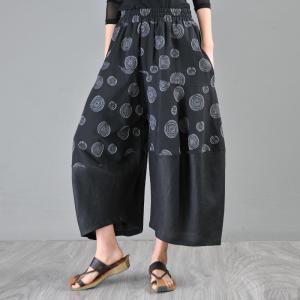 Embroidered Annual Ring Comfy Pants Linen Wide Leg Cropped Pants