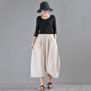 Beach Fashion Linen Harem Culottes Rope Belted Resort Attire