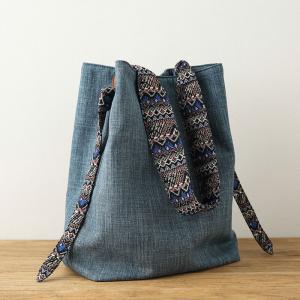 Folk Straps Cotton Linen Bucket Bag for Women