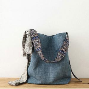 Folk Straps Cotton Linen Bucket Bag for Women