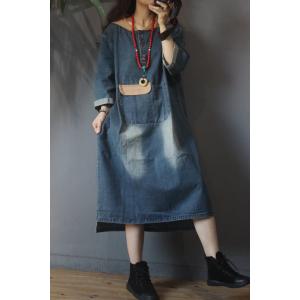 Korean Fashion Patch Pocket Denim Dress Loose Casual Hooded Dress