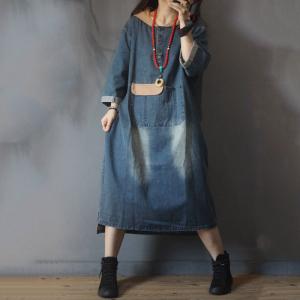 Korean Fashion Patch Pocket Denim Dress Loose Casual Hooded Dress