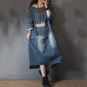 Korean Fashion Patch Pocket Denim Dress Loose Casual Hooded Dress