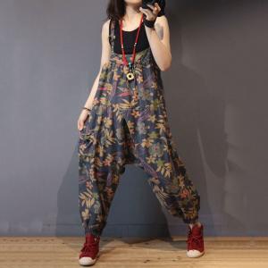 Vintage Leaf Pattern Summer Overalls Womens Bib Overalls