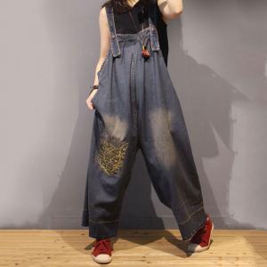 Relax-Fitting Wide Leg Overalls Denim Embroidery Dungarees