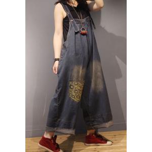 Relax-Fitting Wide Leg Overalls Denim Embroidery Dungarees