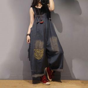 Relax-Fitting Wide Leg Overalls Denim Embroidery Dungarees