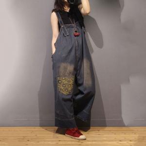 Relax-Fitting Wide Leg Overalls Denim Embroidery Dungarees