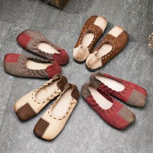 Colored Patchwork Cowhide Leather Flats Comfy Slip-On Shoes