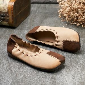 Colored Patchwork Cowhide Leather Flats Comfy Slip-On Shoes