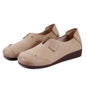 Round Toe Vintage Leather Wedge Cowhide Women Shoes