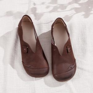 Round Toe Vintage Leather Wedge Cowhide Women Shoes