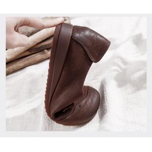 Round Toe Vintage Leather Wedge Cowhide Women Shoes