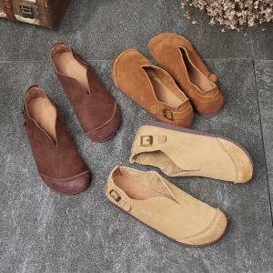 Handmade Leather Slip-On Flats Comfy Plain Granny Shoes