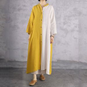 Yellow and White Linen Shirt Dress Long Sleeve Comfy Resort Attire