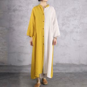 Yellow and White Linen Shirt Dress Long Sleeve Comfy Resort Attire