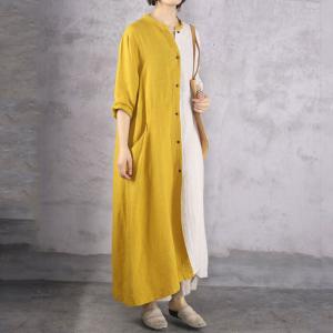 Yellow and White Linen Shirt Dress Long Sleeve Comfy Resort Attire