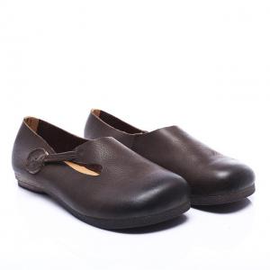 Solid Color Velcro Leather Flats Round Toe Slip-On Shoes