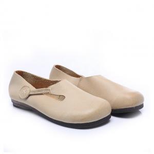 Solid Color Velcro Leather Flats Round Toe Slip-On Shoes