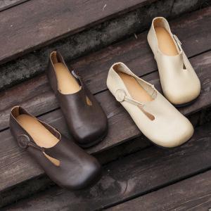 Solid Color Velcro Leather Flats Round Toe Slip-On Shoes