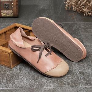 Contrast Color Lace Up Flats Round Toe Genuine Leather Shoes