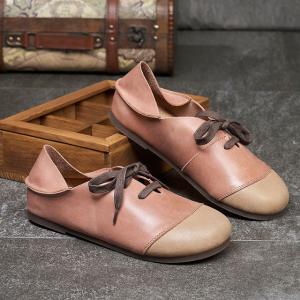 Contrast Color Lace Up Flats Round Toe Genuine Leather Shoes
