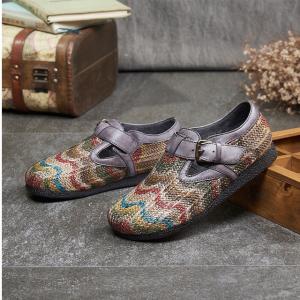 Folk Style Hemp Knitting Shoes Cowhide Leather Low Heels Shoes