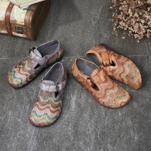 Folk Style Hemp Knitting Shoes Cowhide Leather Low Heels Shoes