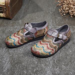 Folk Style Hemp Knitting Shoes Cowhide Leather Low Heels Shoes