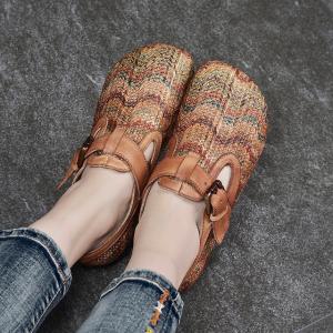 Folk Style Hemp Knitting Shoes Cowhide Leather Low Heels Shoes