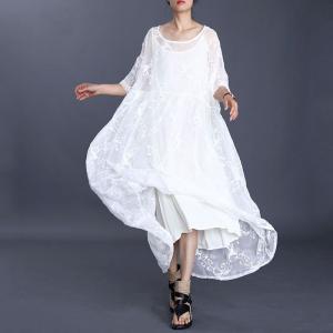 Half Sleeve Embroidery Lace White Loose Silk Sheer Dress with Long Camisole