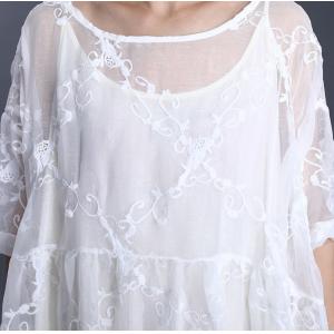 Half Sleeve Embroidery Lace White Loose Silk Sheer Dress with Long Camisole