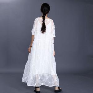 Half Sleeve Embroidery Lace White Loose Silk Sheer Dress with Long Camisole