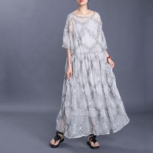 Half Sleeve Embroidery Lace White Loose Silk Sheer Dress with Long Camisole