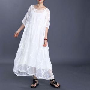 Half Sleeve Embroidery Lace White Loose Silk Sheer Dress with Long Camisole