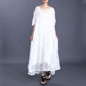 Half Sleeve Embroidery Lace White Loose Silk Sheer Dress with Long Camisole