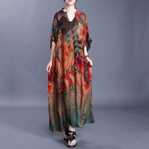 Tropical Printed V-Neck Vintage Maxi Dress Loose Silky Shift Dress