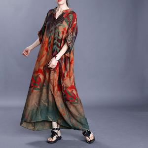 Tropical Printed V-Neck Vintage Maxi Dress Loose Silky Shift Dress