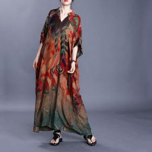 Tropical Printed V-Neck Vintage Maxi Dress Loose Silky Shift Dress