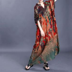 Tropical Printed V-Neck Vintage Maxi Dress Loose Silky Shift Dress