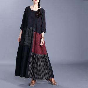 Color Patchwork Loose Black Dress Cotton Linen Crew Neck Plaids Dress