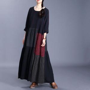 Color Patchwork Loose Black Dress Cotton Linen Crew Neck Plaids Dress