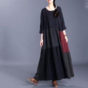 Color Patchwork Loose Black Dress Cotton Linen Crew Neck Plaids Dress