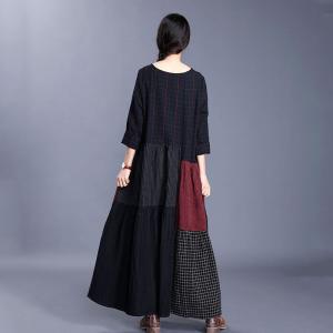 Color Patchwork Loose Black Dress Cotton Linen Crew Neck Plaids Dress