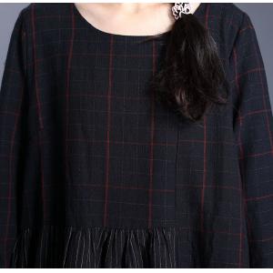 Color Patchwork Loose Black Dress Cotton Linen Crew Neck Plaids Dress