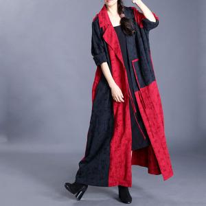 Red Contrast Front Tied Trench Coat Cotton Linen Jacquard Overcoat