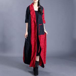 Red Contrast Front Tied Trench Coat Cotton Linen Jacquard Overcoat