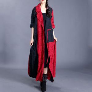 Red Contrast Front Tied Trench Coat Cotton Linen Jacquard Overcoat