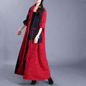 Red Contrast Front Tied Trench Coat Cotton Linen Jacquard Overcoat