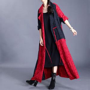 Red Contrast Front Tied Trench Coat Cotton Linen Jacquard Overcoat